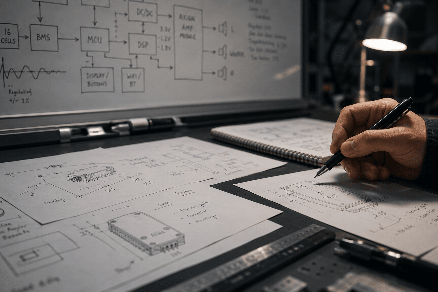 Engineer sketching an amplifier module beside a system block diagram.