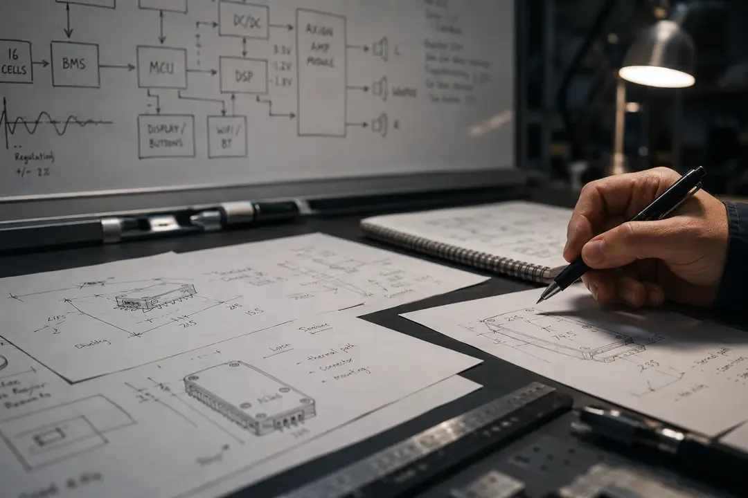 Engineer sketching an amplifier module beside a system block diagram.